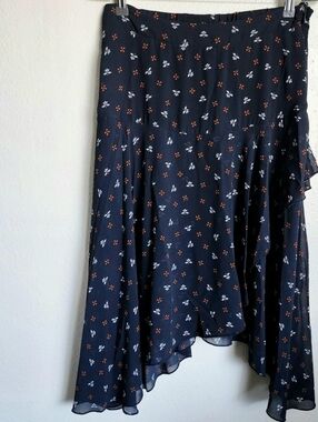H&M Navy Floral Asymmetrical Midi Skirt Size 12 Cottagecore Soft Grunge Indie